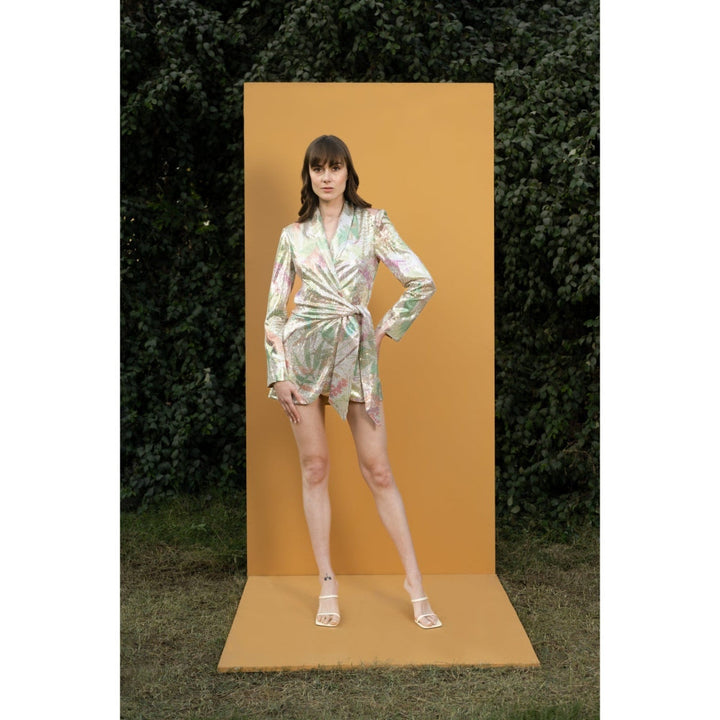 MANDIRA WIRK Tropical Leaf Printed Sequins Short Wrap Jacket Dress