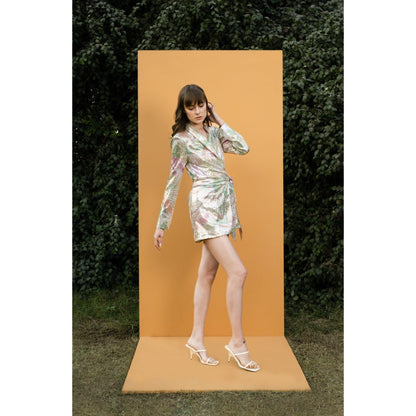 MANDIRA WIRK Tropical Leaf Printed Sequins Short Wrap Jacket Dress