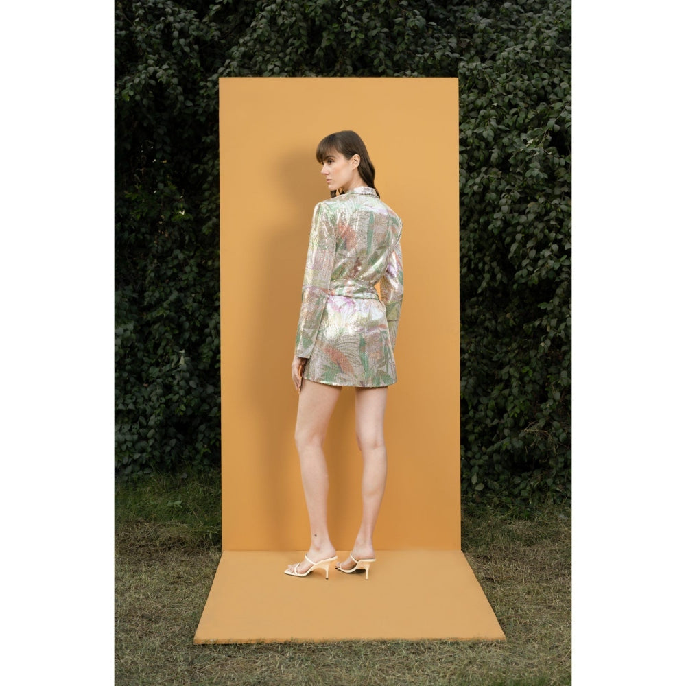 MANDIRA WIRK Tropical Leaf Printed Sequins Short Wrap Jacket Dress