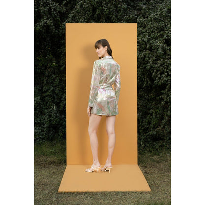 MANDIRA WIRK Tropical Leaf Printed Sequins Short Wrap Jacket Dress