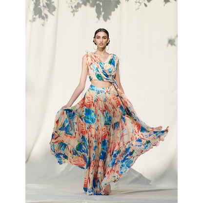 Mandira Wirk Multi-Color Printed Chiffon Crop Top With Skirt (Set Of 2)