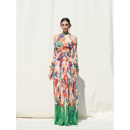 Mandira Wirk Multi-Color Printed Chiffon Crop Top With Skirt (Set Of 2)