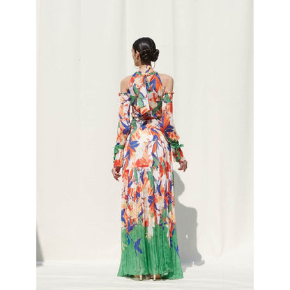 Mandira Wirk Multi-Color Printed Chiffon Crop Top With Skirt (Set Of 2)