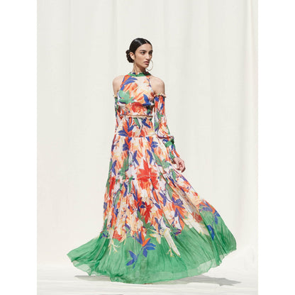 Mandira Wirk Multi-Color Printed Chiffon Crop Top With Skirt (Set Of 2)