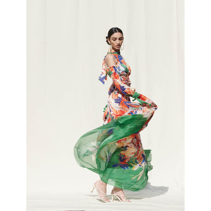 Mandira Wirk Multi-Color Printed Chiffon Crop Top With Skirt (Set Of 2)