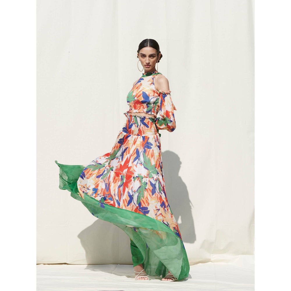 Mandira Wirk Multi-Color Printed Chiffon Crop Top With Skirt (Set Of 2)