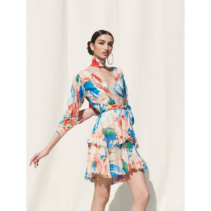 Mandira Wirk Multi-Color Printed Chiffon Dress With Slip (Set Of 2)