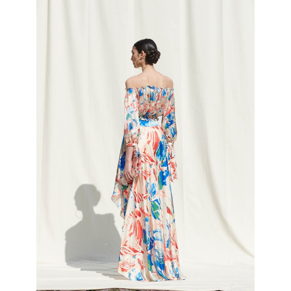 Mandira Wirk Multi-Color Printed Crepe Crop Top With Skirt (Set Of 2)