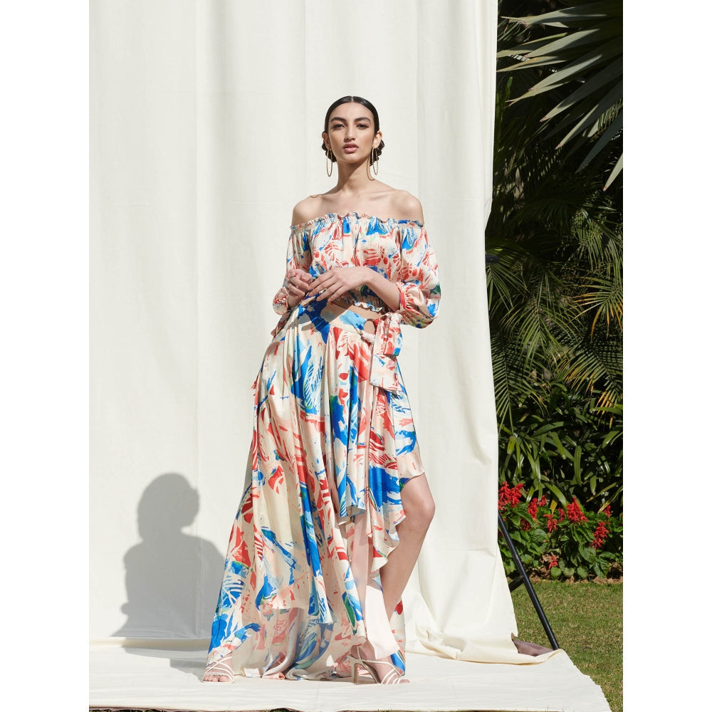 Mandira Wirk Multi-Color Printed Crepe Crop Top With Skirt (Set Of 2)