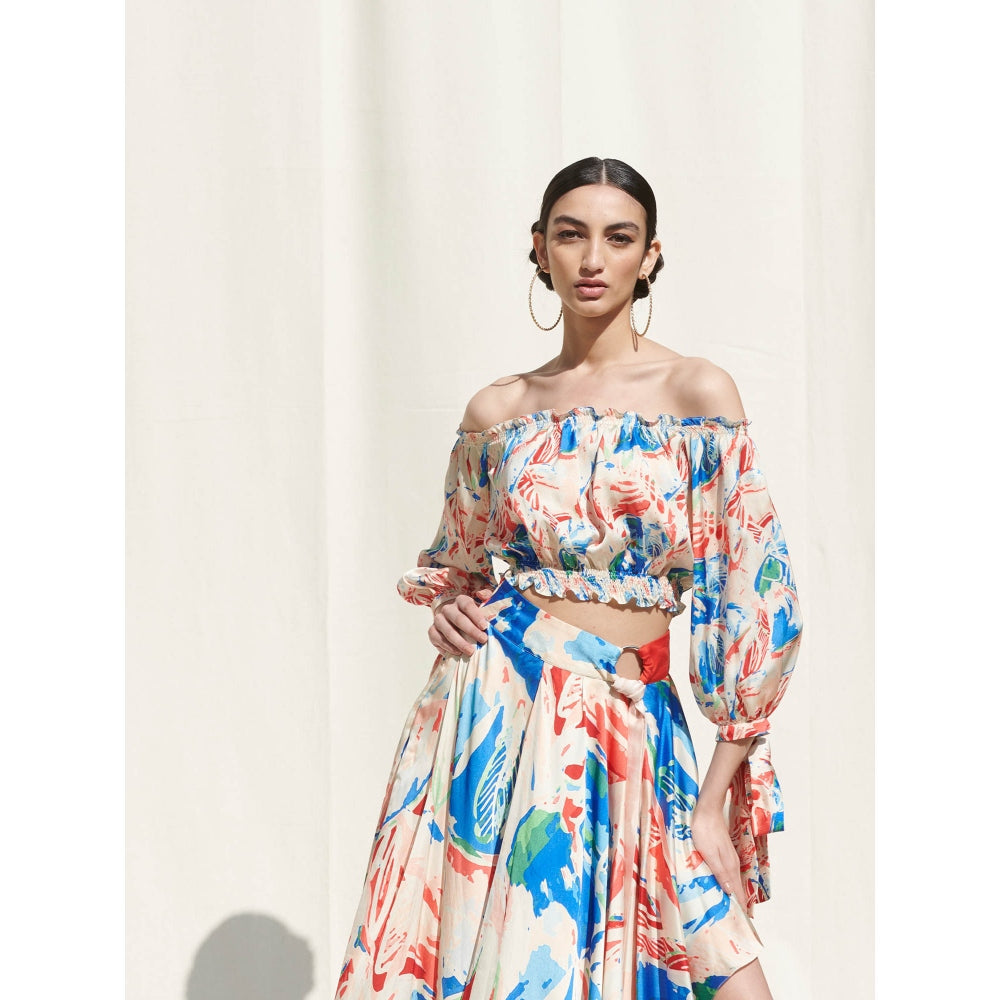 Mandira Wirk Multi-Color Printed Crepe Crop Top With Skirt (Set Of 2)