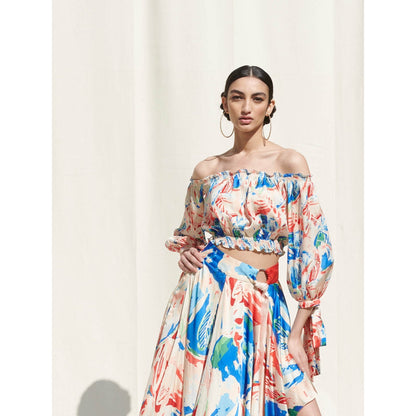 Mandira Wirk Multi-Color Printed Crepe Crop Top With Skirt (Set Of 2)