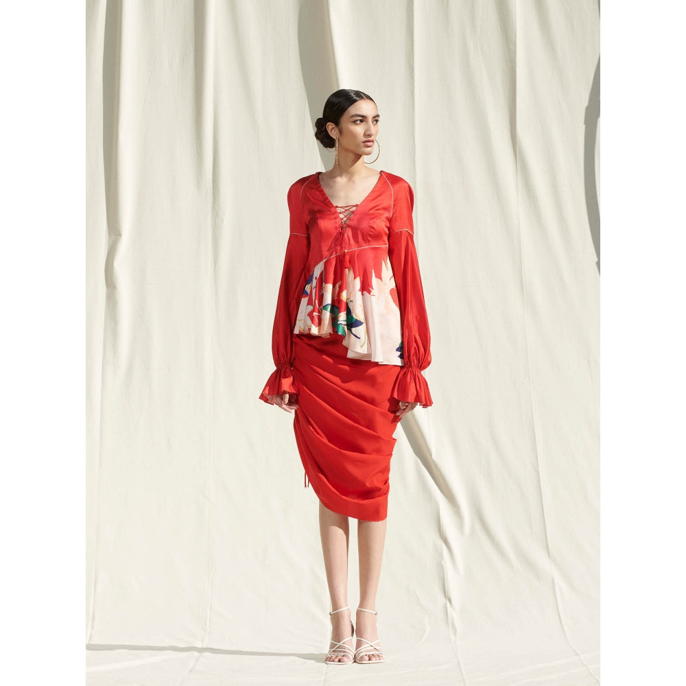 Mandira Wirk Red Printed Crepe Top With Skirt (Set Of 2)