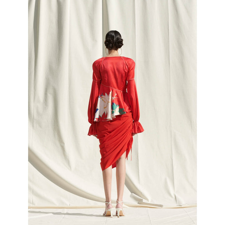 Mandira Wirk Red Printed Crepe Top With Skirt (Set Of 2)