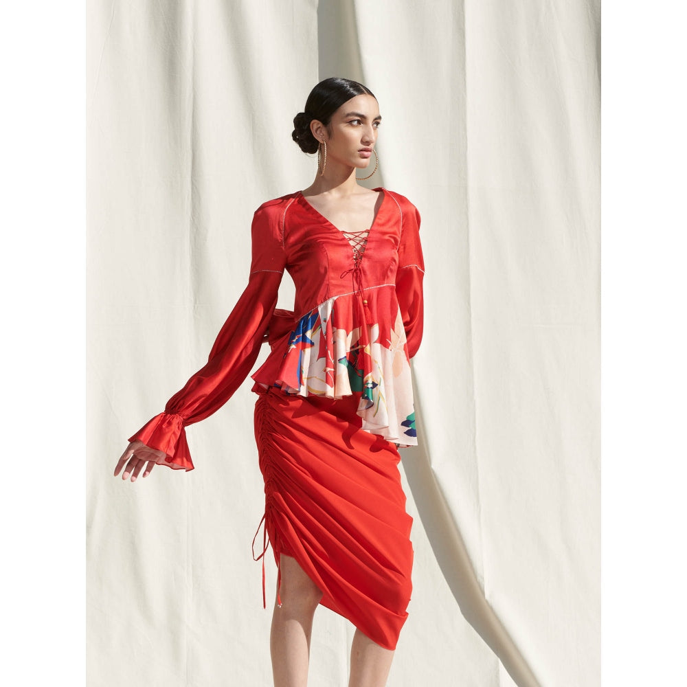 Mandira Wirk Red Printed Crepe Top With Skirt (Set Of 2)