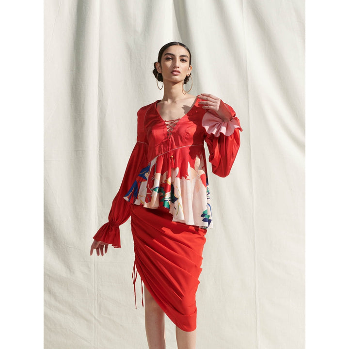 Mandira Wirk Red Printed Crepe Top With Skirt (Set Of 2)