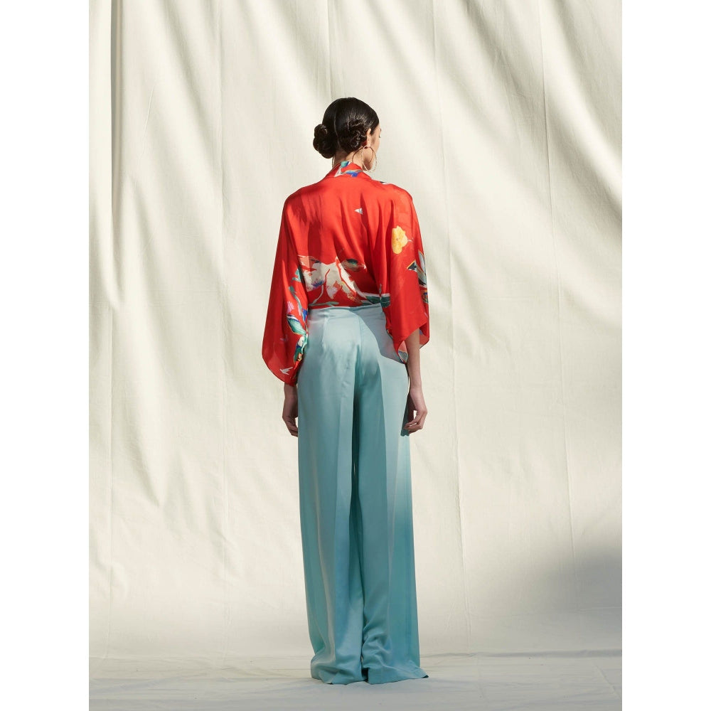 Mandira Wirk Red Printed Crepe Kaftan Top & Camisole With Pant (Set Of 3)