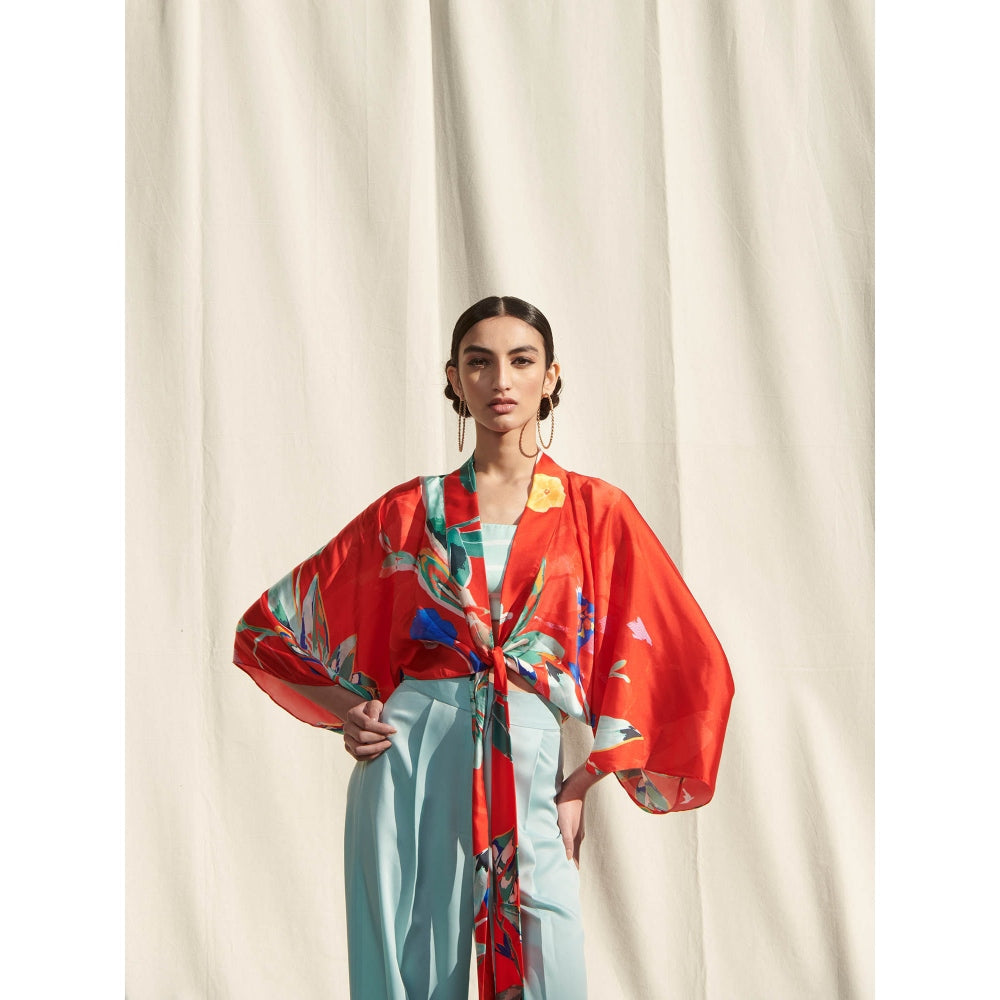 Mandira Wirk Red Printed Crepe Kaftan Top & Camisole With Pant (Set Of 3)