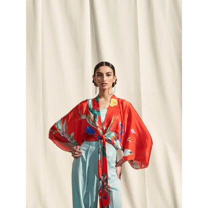 Mandira Wirk Red Printed Crepe Kaftan Top & Camisole With Pant (Set Of 3)