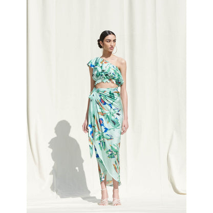 Mandira Wirk Mint Green Printed Crepe Crop Top With Skirt (Set Of 2)