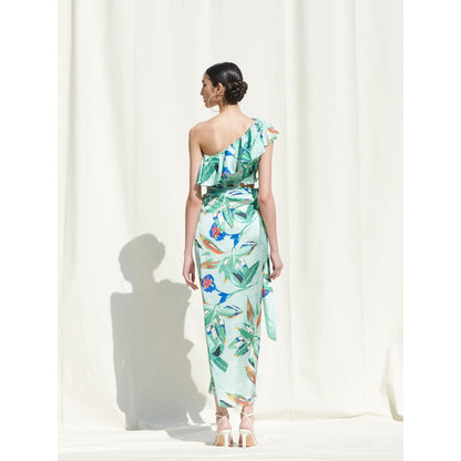 Mandira Wirk Mint Green Printed Crepe Crop Top With Skirt (Set Of 2)