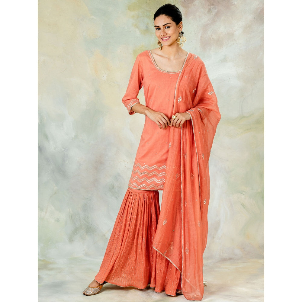 Mandira Wirk Coral Embroidered Kurta With Sharara And Dupatta (Set of 3)