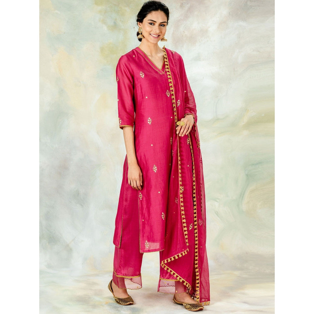 Mandira Wirk Fuchsia Embroidered Kurta With Gota Detailing & Pant And Dupatta (Set of 3)