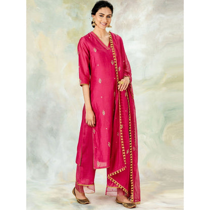 Mandira Wirk Fuchsia Embroidered Kurta With Gota Detailing & Pant And Dupatta (Set of 3)