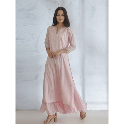 Mandira Wirk Icy Pink Hand Embroidered Kurta With Gota Dupatta & Long Slip (Set of 3)
