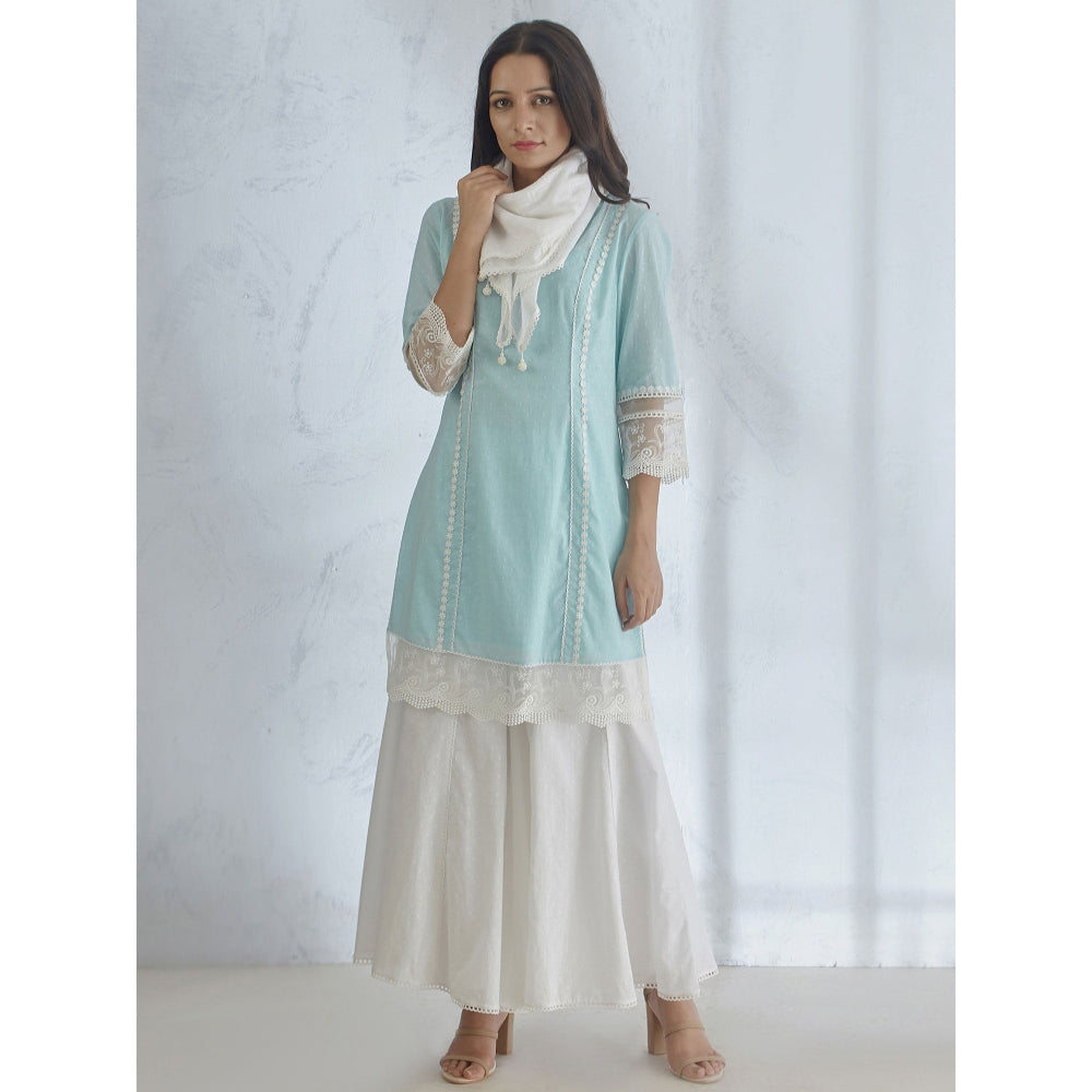 Mandira Wirk Light Blue Short Kurta With Palazzo And Scarf (Set of 3)