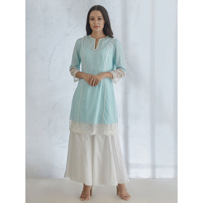 Mandira Wirk Light Blue Short Kurta With Palazzo And Scarf (Set of 3)