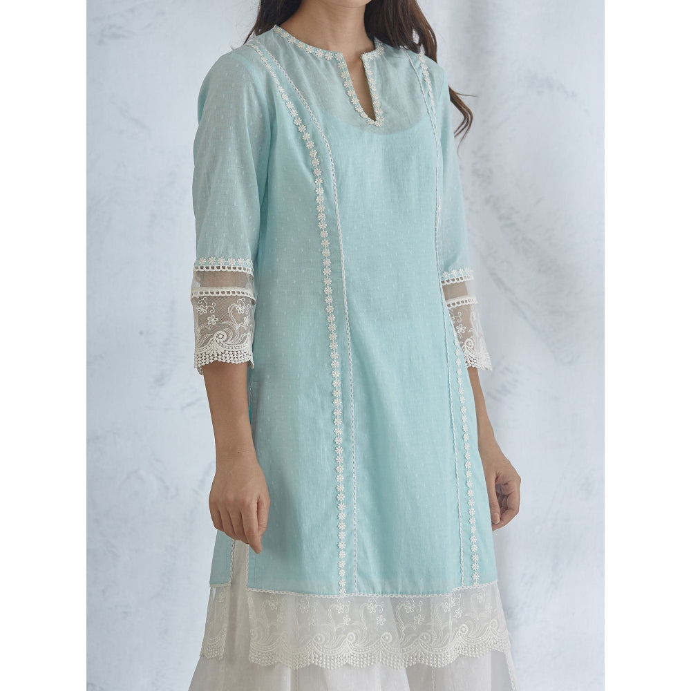 Mandira Wirk Light Blue Short Kurta With Palazzo And Scarf (Set of 3)