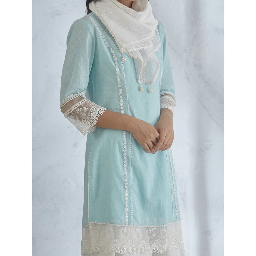 Mandira Wirk Light Blue Short Kurta With Palazzo And Scarf (Set of 3)