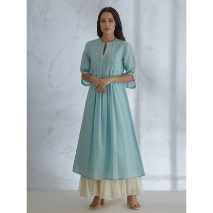 Mandira Wirk Blue Kurta With Pin Tuck Detailing And Ivory Tiered Sharara (Set of 2)