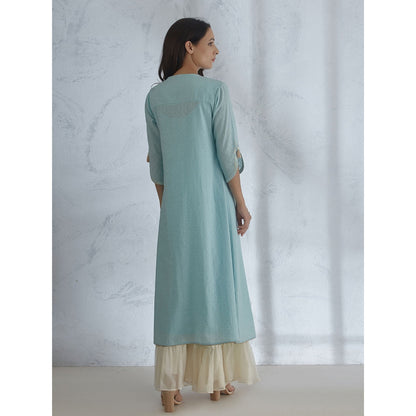 Mandira Wirk Blue Kurta With Pin Tuck Detailing And Ivory Tiered Sharara (Set of 2)