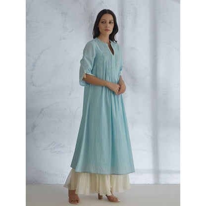 Mandira Wirk Blue Kurta With Pin Tuck Detailing And Ivory Tiered Sharara (Set of 2)