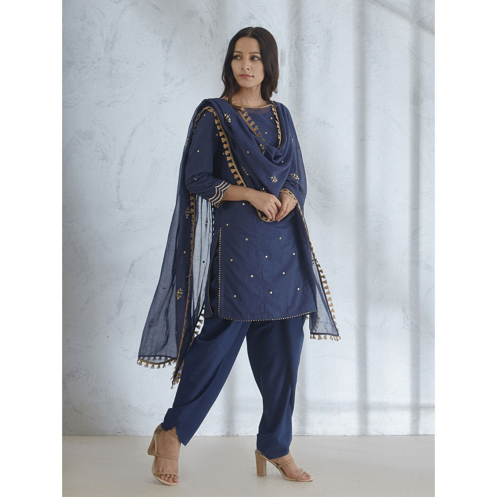 Mandira Wirk Short Navy Gota Embroidered Kurta With Dhoti Pants And Dupatta (Set of 3)