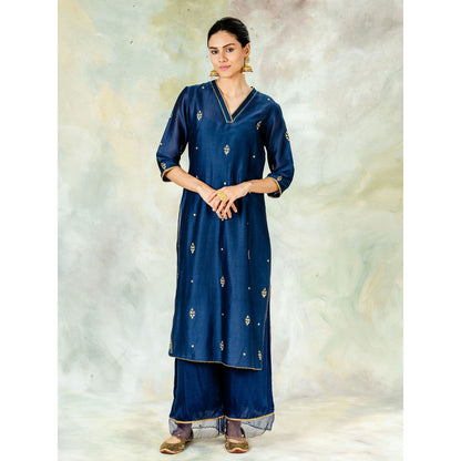 Mandira Wirk Navy Embroidered Kurta With Gota Detailing & Pant And Dupatta (Set of 3)