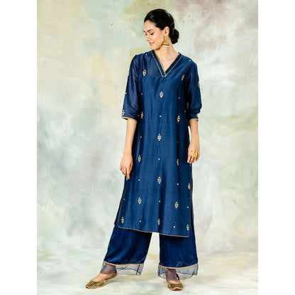 Mandira Wirk Navy Embroidered Kurta With Gota Detailing & Pant And Dupatta (Set of 3)