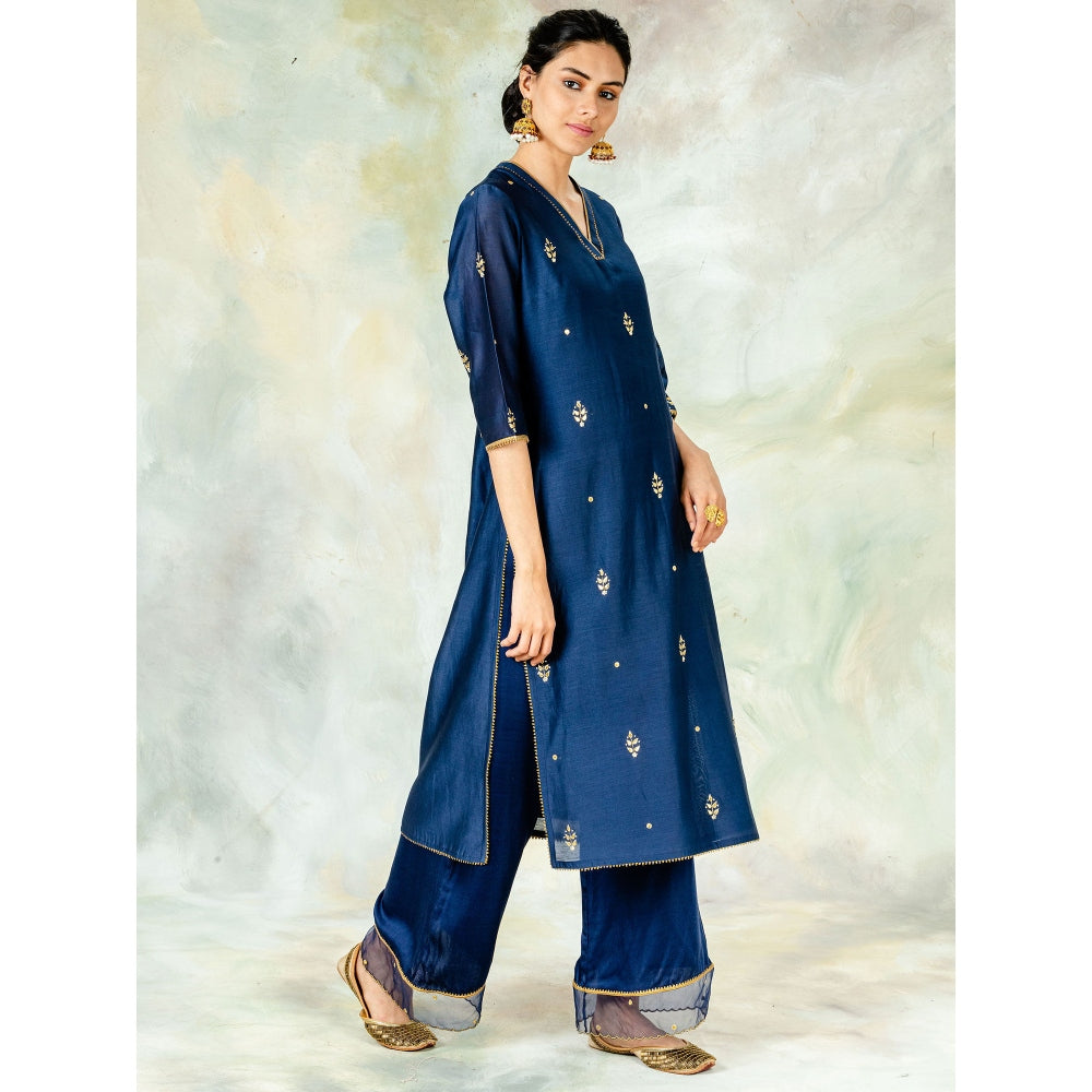 Mandira Wirk Navy Embroidered Kurta With Gota Detailing & Pant And Dupatta (Set of 3)