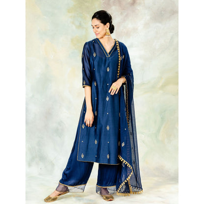 Mandira Wirk Navy Embroidered Kurta With Gota Detailing & Pant And Dupatta (Set of 3)