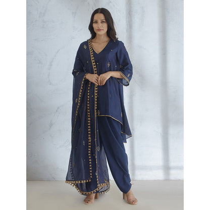 Mandira Wirk Navy Embellished Kurta With Dhoti Pant And Dupatta (Set of 3)