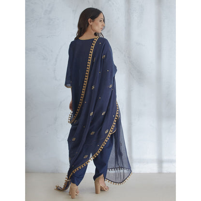 Mandira Wirk Navy Embellished Kurta With Dhoti Pant And Dupatta (Set of 3)