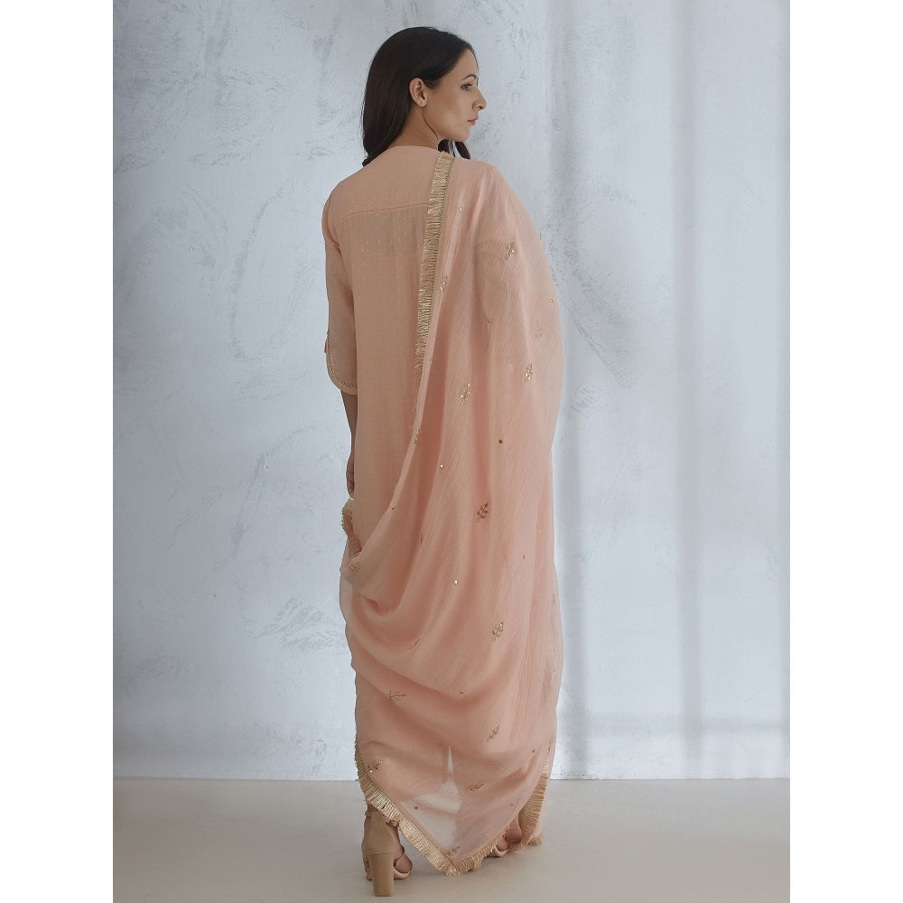Mandira Wirk Peach kurta With Pin Tuck Detailing & Peach Lurex Pants And Dupatta (Set of 3)