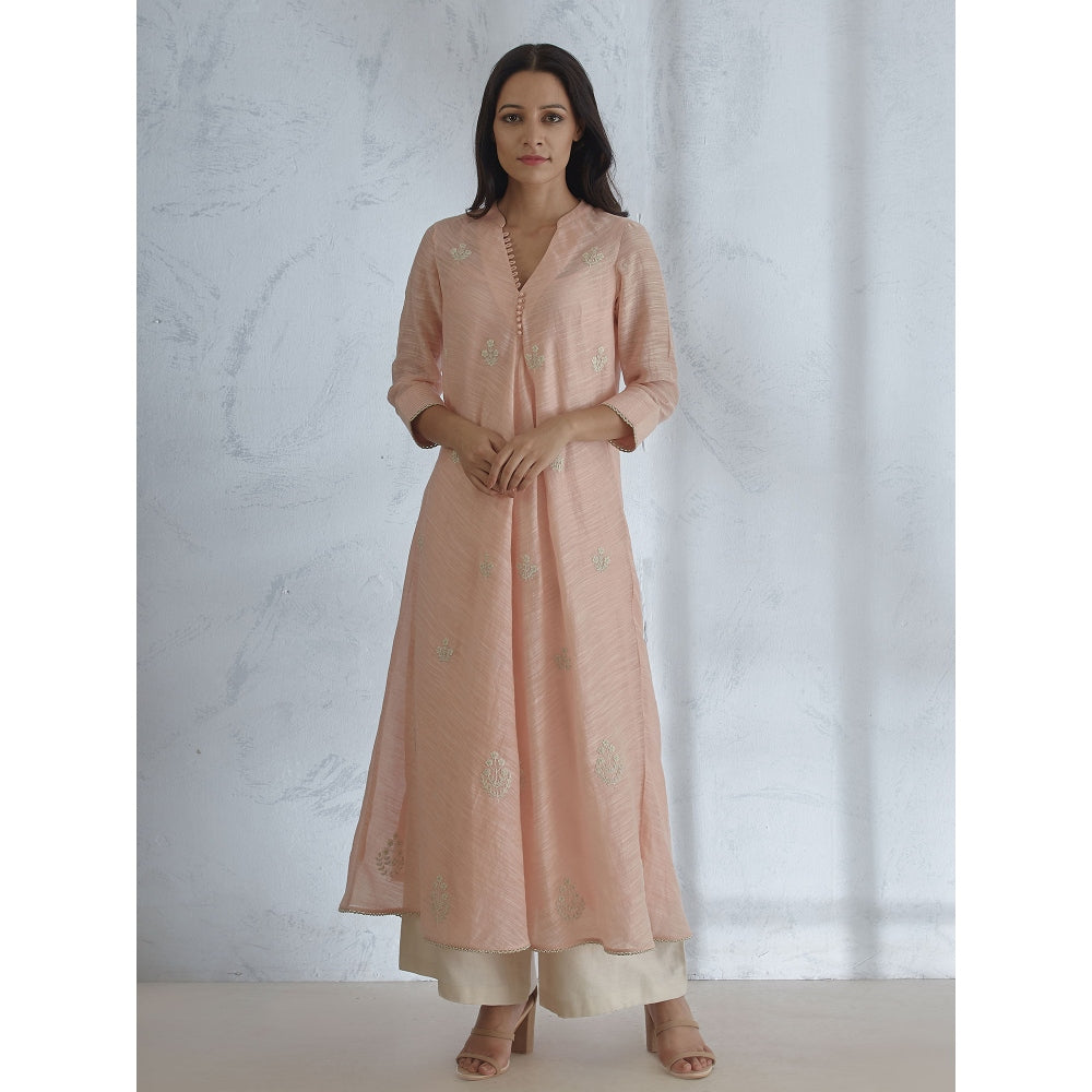 Mandira Wirk Peach Embellished Kurta With Palazzo (Set of 2)