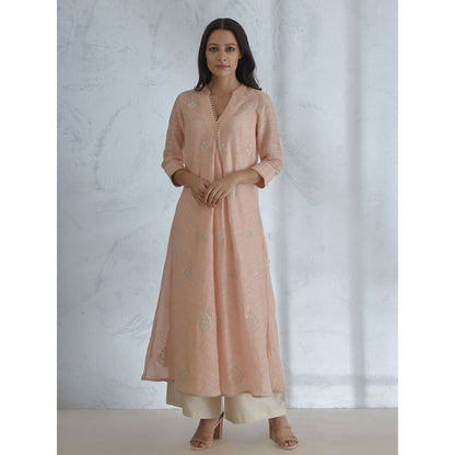 Mandira Wirk Peach Embellished Kurta With Palazzo (Set of 2)
