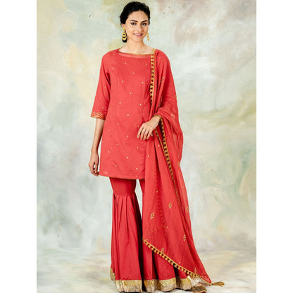 Mandira Wirk Short Red Kurta With Gota Embroidery And Sharara & Dupatta (Set of 3)