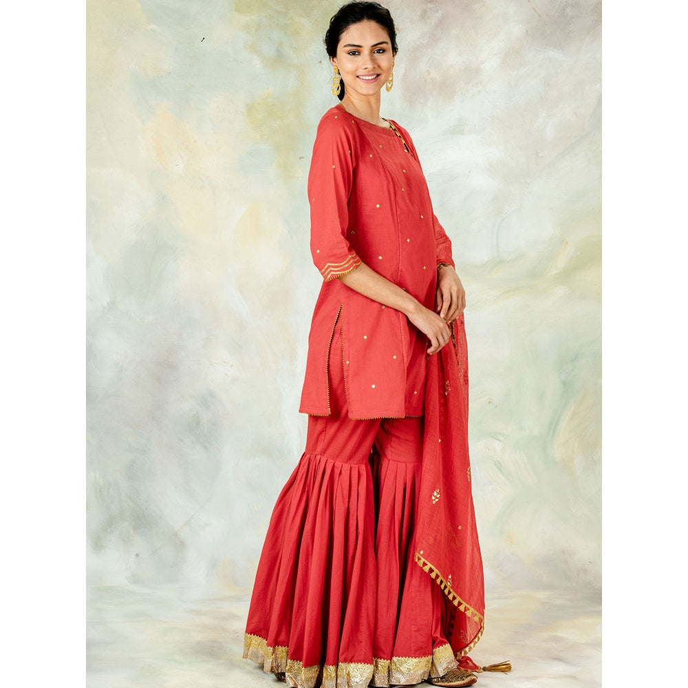 Mandira Wirk Short Red Kurta With Gota Embroidery And Sharara & Dupatta (Set of 3)