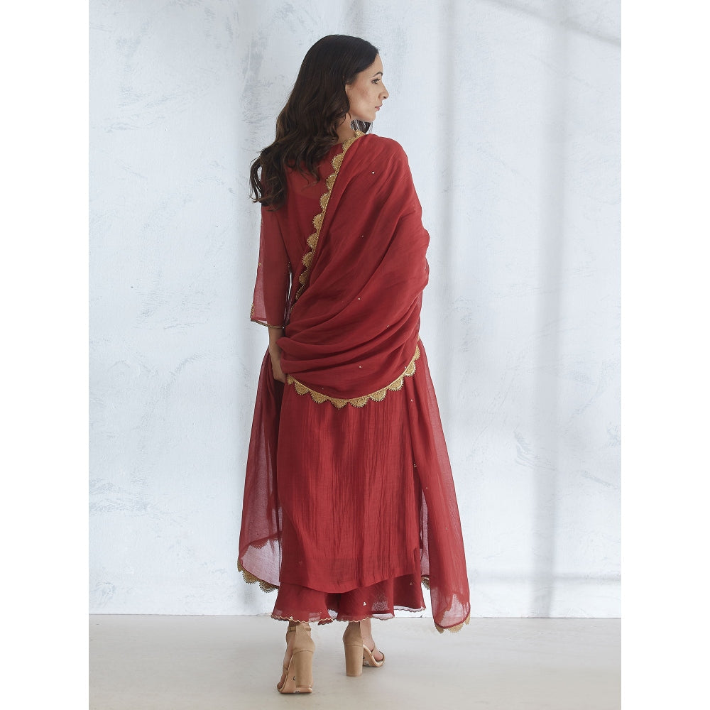 Mandira Wirk Wine Gota Embroidered Kurta Embellished Circular Palazzo & Dupatta (Set of 3)