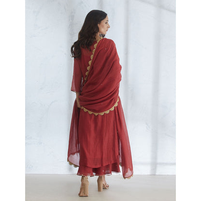 Mandira Wirk Wine Gota Embroidered Kurta Embellished Circular Palazzo & Dupatta (Set of 3)