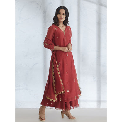 Mandira Wirk Wine Gota Embroidered Kurta Embellished Circular Palazzo & Dupatta (Set of 3)